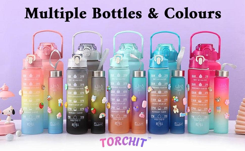 TORCHITSetof3WaterBottle2000ML900ML300MLwithMotivationalTimeMarkerLeakproofDurab