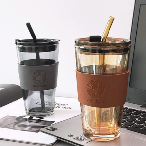 WEZOSHINETPremiumGlassSipperFruitJuiceMilkTumblerMugwithLeatherSleeveGlassCoffee